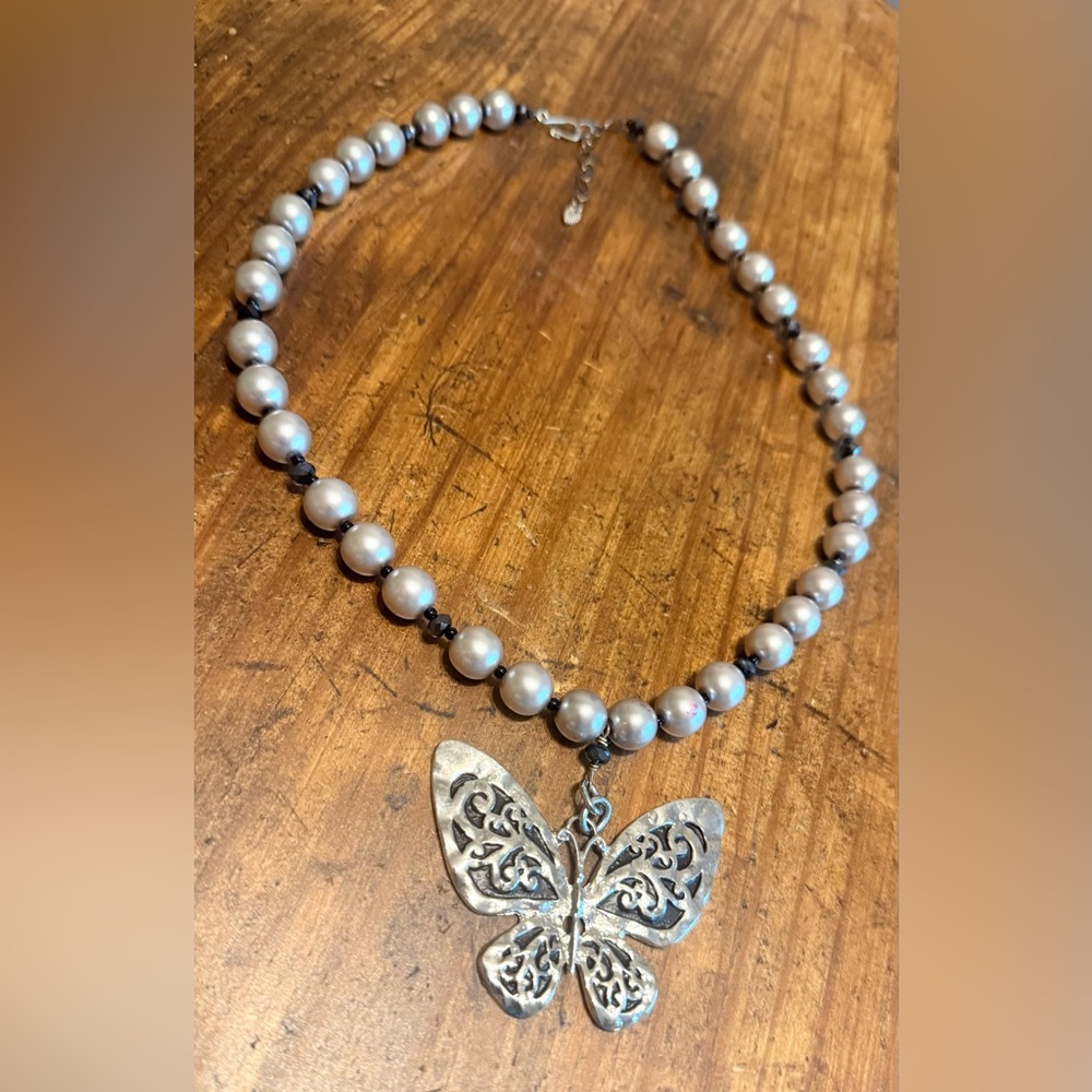 Pearl Bead Necklace with Silver Butterfly Pendant - White